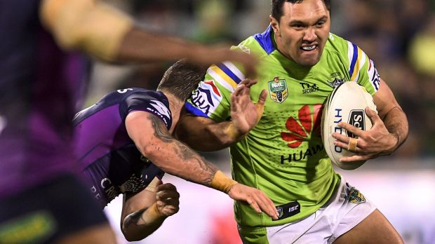 Jordan Rapana takes on the Melbourne Storm at GIO Stadium in Round 23