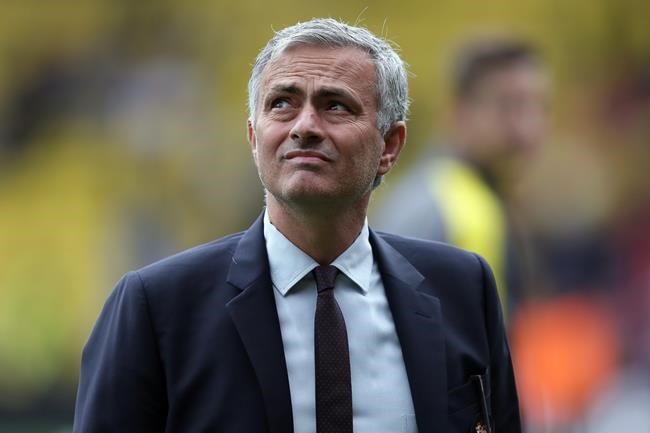 Manchester United manager Jose Mourinho looks across the pitch before the English Premier League soccer match between Watford and Manchester United at Vicarage Road in London Sunday Sept. 18 2016