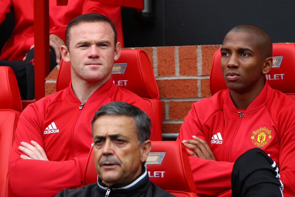 MANCHESTER ENGLAND- SEPTEMBER 24 Wayne Rooney of Manchester United sits on the bench during the Premier League match between Manchester United and Leicester City at Old Trafford