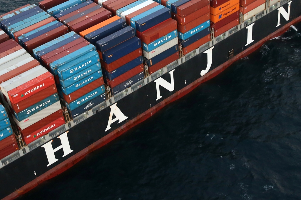 Hyundai shipping containers are seen on a Hanjin Shipping Co ship which stranded outside the Port of Long Beach California