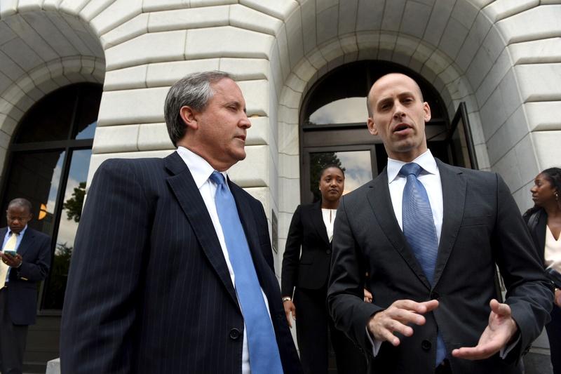 Attorney General Ken Paxton and Solicitor General Scott Keller after oral arguments on the voter ID case before the U.S. 5th Circuit of Appeals in New Orleans