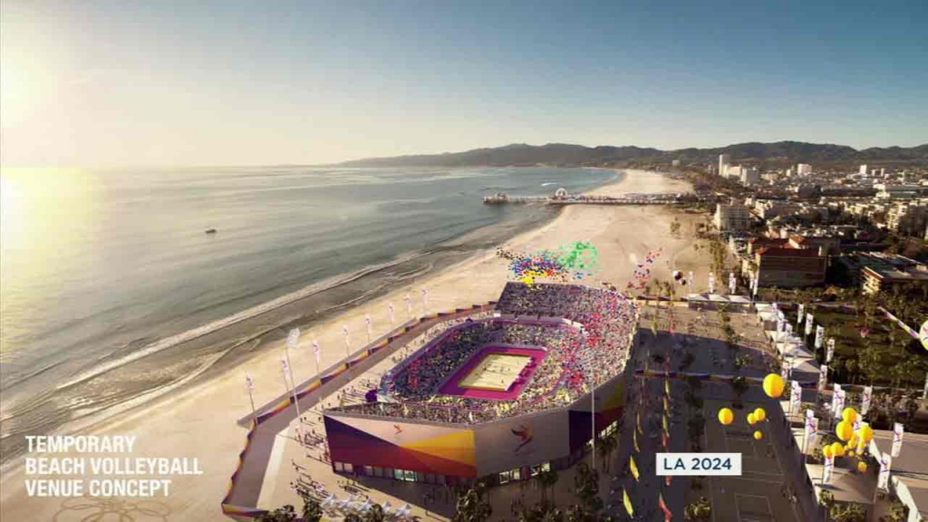 A rendering of a beach volleyball venue concept in Los Angeles for the 2024 Olympics