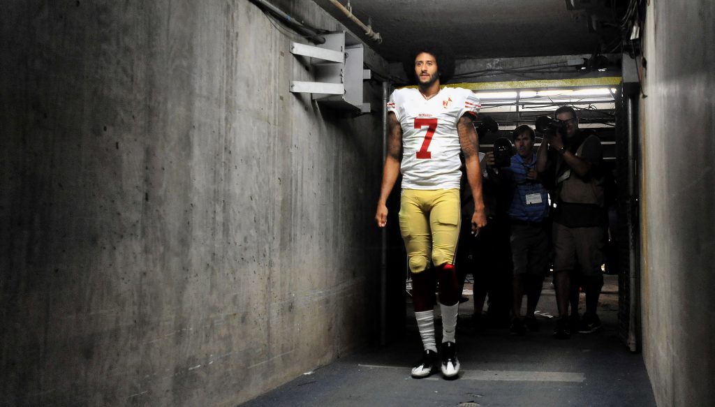 San Francisco 49ers quarterback Colin Kaepernick walks into the tunnel after the game against the San Diego Chargers at Qualcomm Stadium