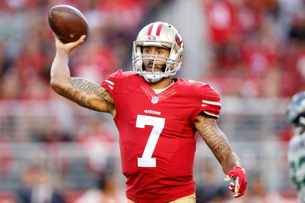 SANTA CLARA CA- OCTOBER 22 Colin Kaepernick #7 of the San Francisco 49ers attempts a pass against the Seattle Seahawks during their NFL game at Levi's Stadium