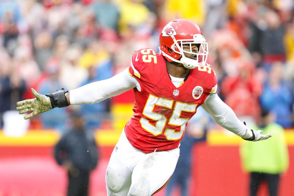 13 December 2015 Kansas City Chiefs linebacker Dee Ford celebrates after a sack during the game between the San Diego Chargers and the Kansas City Chiefs at Arrowhead Stadium in Kansas City MO. The Chiefs defeated the Chargers 10-3