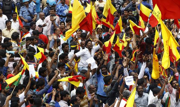 Members of various pro Kannada organizations assemble to protest against a recent Supreme Court order on a river water sharing dispute in Bangalore in the southern Indian state of Karnataka Friday Sept. 9 2016. Normal life was severely affected acros