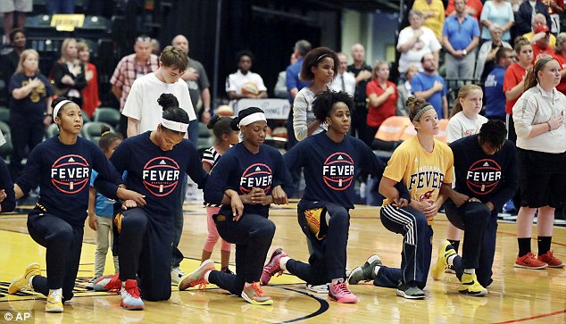 Kaepernick has been joined in kneeling for the anthem by a scattering of other NFL players as well as players in other leagues including the entire Indiana Fever team above