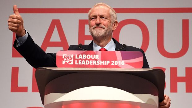 Jeremy Corbyn MP gives the thumbs up to supporters after being announced as the leader of the Labour Party on the eve