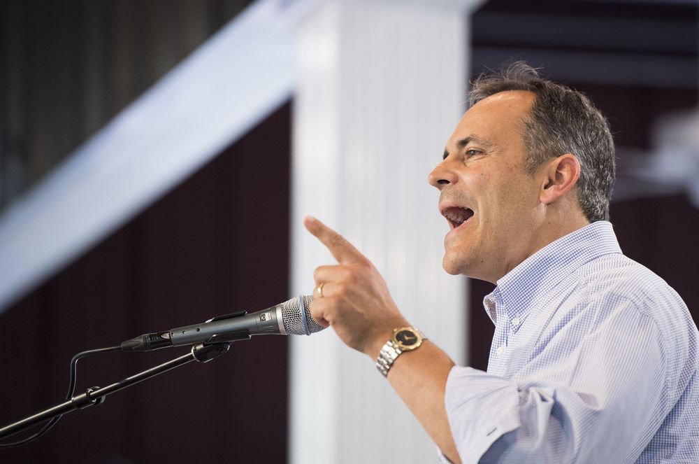 Kentucky Gov. Matt Bevin speaks on Saturday Aug. 6 2016 at the annual Fancy Farm Picnic in Fancy Farm Ky. Bevin has suggested if something isn't done to protect religious and conservative values people might have to physically fight for them. (Bill Cl