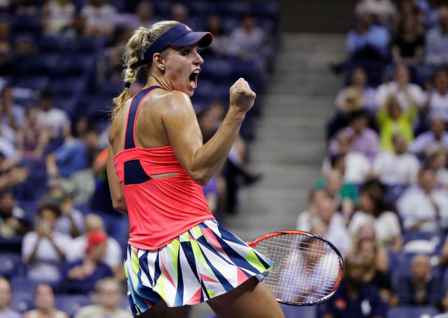 Angelique Kerber of Germany reacts after defeating Caroline Wozniacki of Denmark during the semifinals of the U.S. Open tennis tournament Thursday Sept. 8 2016 in New York