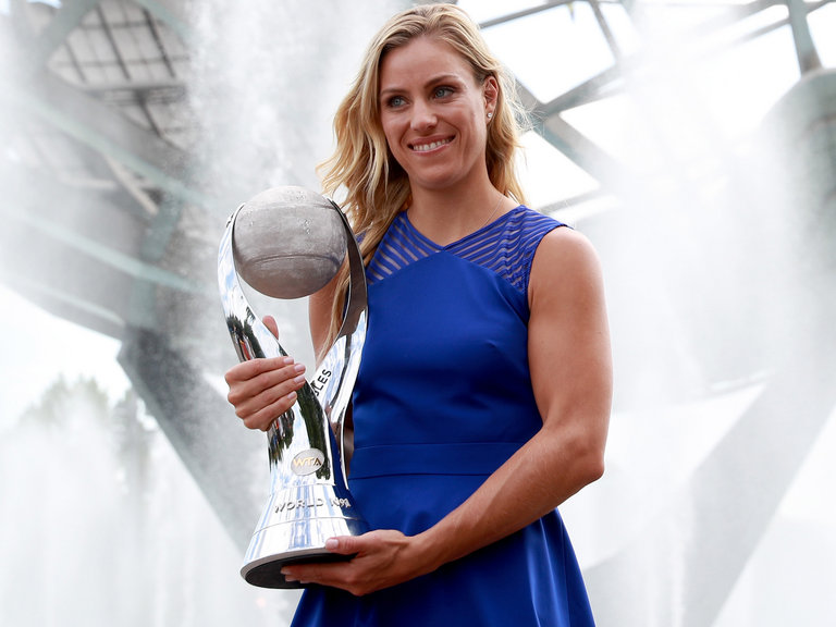 Angelique Kerber with her WTA world number one trophy at the US Open