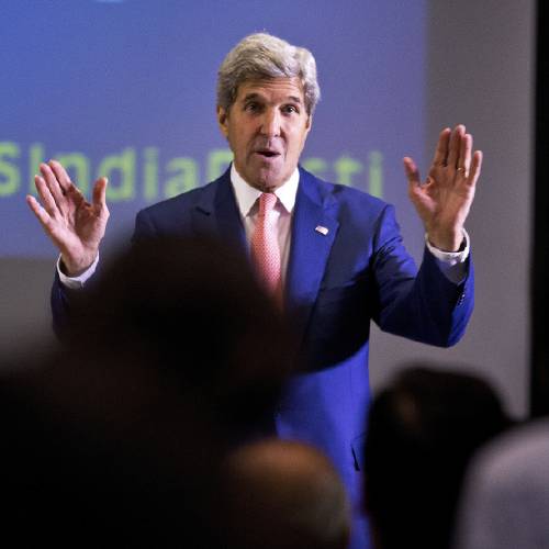 State John Kerry greets students at Indian Institute of Technology in New Delhi India Wednesday Aug. 31 2016. Kerry is on a three-day visit to India