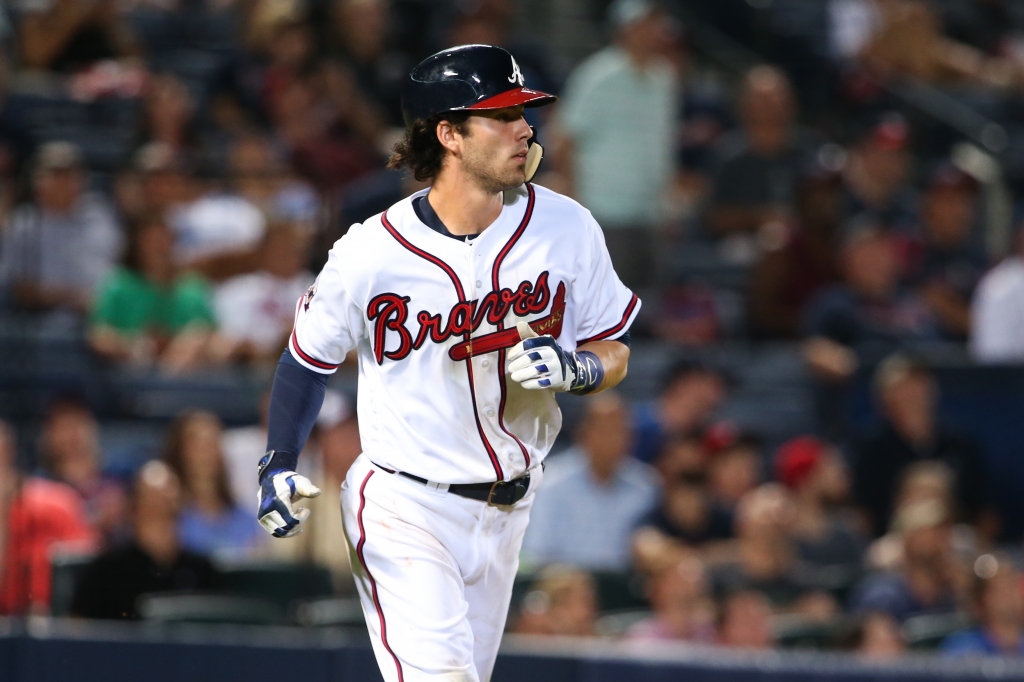 ATLANTA GA- AUGUST 18 Dansby Swanson #2 of the Atlanta Braves on deck against the Washington Nationals at Turner Field