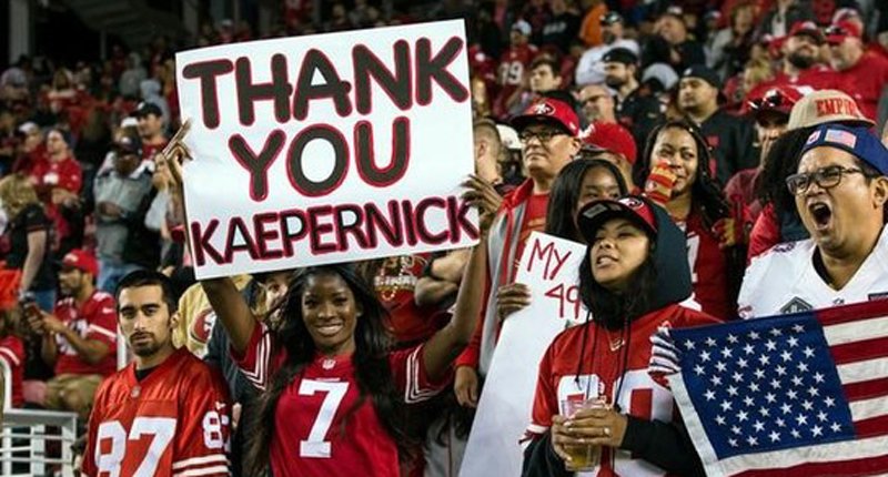 Sep 12 2016 Santa Clara CA USA A San Francisco 49ers quarterback Colin Kaepernick fan holds a sign after the game against the Los Angeles Rams at Levi's Stadium. The 49ers won 28-0. Mandatory Credit John Hefti-USA TODAY Sports