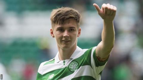 Kieran Tierney puts a thumb up to Celtic fans after their 4-1 win over Aberdeen