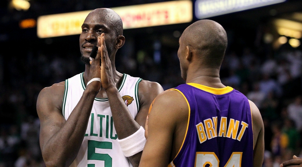 ORG XMIT 101227377 BOSTON- JUNE 08 Kevin Garnett #5 of the Boston Celtics reacts as he stands by Kobe Bryant #24 of the Los Angeles Lakers in the fourth quarter of the Celtics&#039 loss to the Lakers in Game Three of the 2010 NBA Finals