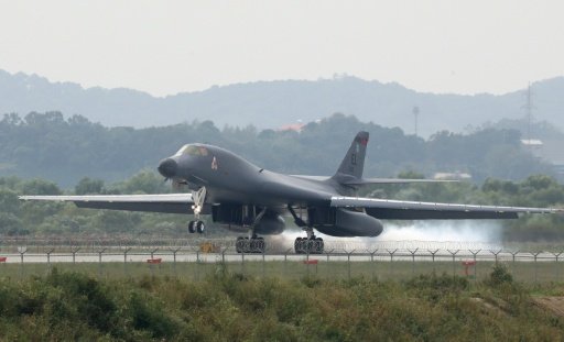 A US B-1B Lancer- aiming at reinforcing the US commitment to its key ally South Korea- makes a landing at the Osan Air Base in Pyeongtaek