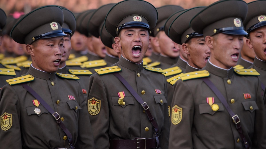 North Korean soldiers in a mass military parade at Kim Il Sung square in Pyongyang