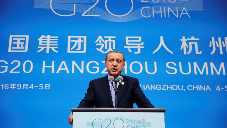 Turkey's President Tayyip Erdogan speaks at a news conference after the closing of G20 Summit in Hangzhou Zhejiang Province China