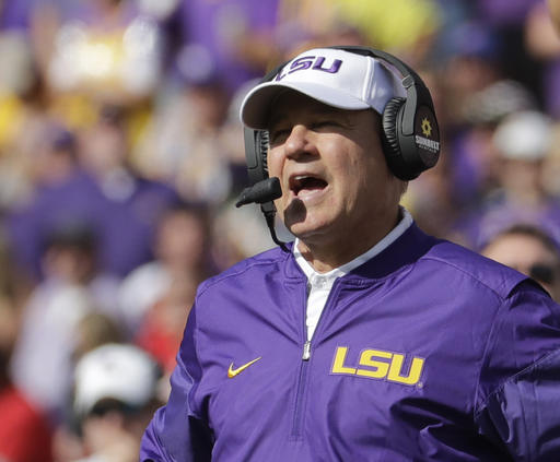 LSU head coach Les Miles watches during the first half of an NCAA college football game against Wisconsin Saturday Sept. 3 2016 in Green Bay Wis