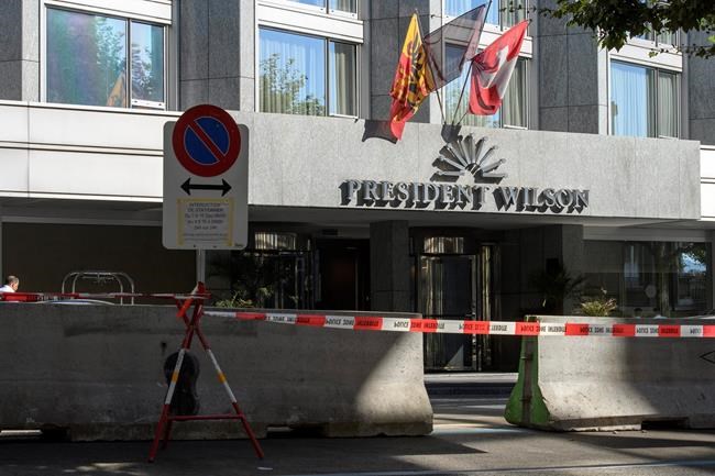 Concrete blocks are positioned in front of the hotel President Wilson in Geneva Switzerland ahead of a meeting between Russian Foreign Minister Sergey Lavrov and US Secretary of State John Kerry on the conflict in Syria Thursday Sept. 8 2016. (Martia