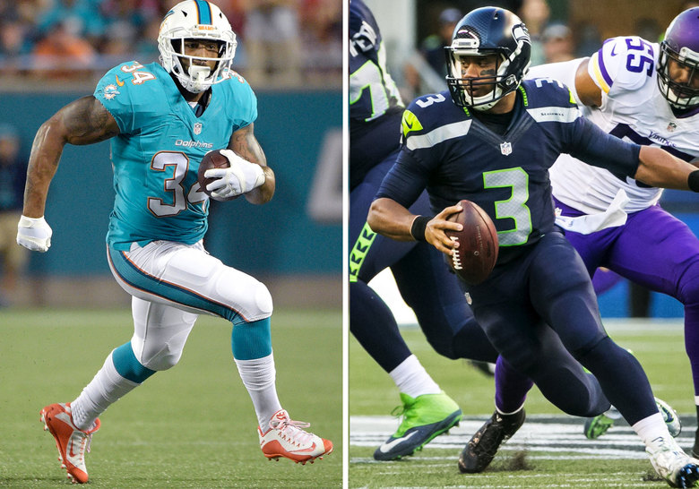 Left Dolphins running back Arian Foster. Right Seahawks quarterback Russell Wilson