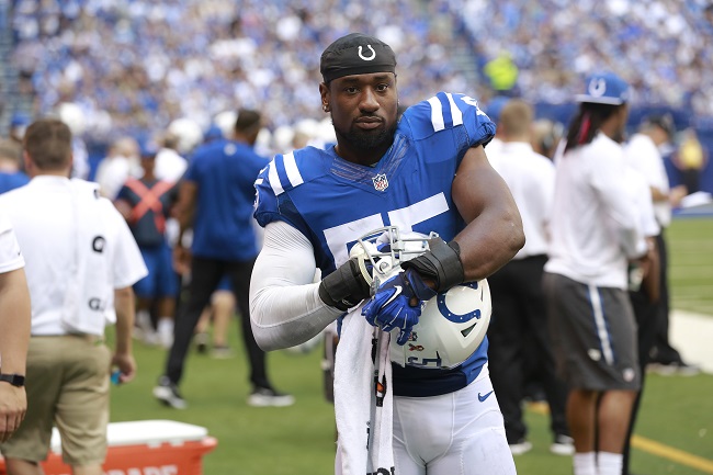 Indianapolis Colts linebacker Sio Moore on the sideline during the first half of an NFL football game against the Detroit Lions in Indianapolis Sunday Sept. 11 2016