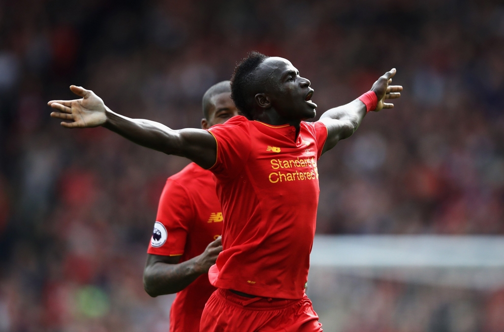 LIVERPOOL ENGLAND- SEPTEMBER 24 Sadio Mane of Liverpool celebrates scoring his sides third goal during the Premier League match between Liverpool and Hull City at Anfield