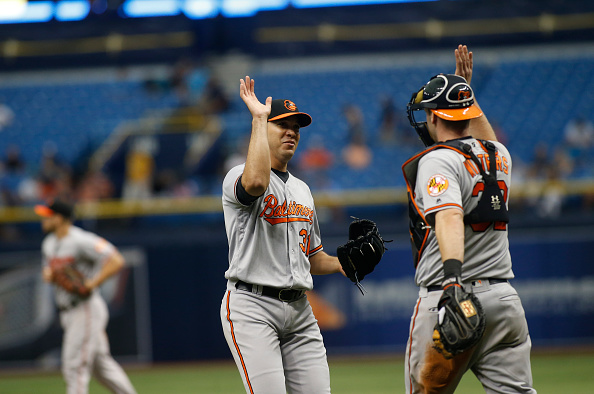 ST. PETERSBURG FL- SEPTEMBER 5 Pitcher Ubaldo Jimenez #31 of the Baltimore Orioles celebrates with catcher Matt Wieters #32 following their 7-3 win over the Tampa Bay Rays at the conclusion of the ninth inning of a game