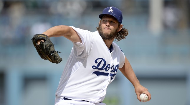 LOS ANGELES CA- OCTOBER 4 Pitcher Clayton Kershaw #22 of the Los Angeles Dodgers throws a pitch against the San Diego Padres in the first inning at Dodger Stadium