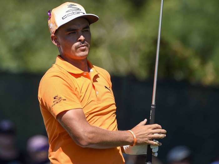 Rickie Fowler watches his tee shot from the third hole during the final round of The Barclays golf tournament in Farmingdale N.Y. Sunday Aug. 28 2016. AP