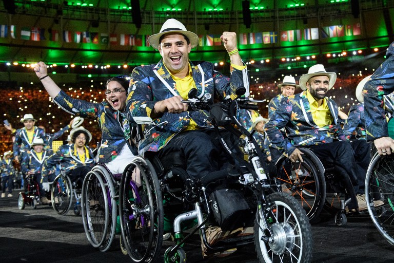 Members of Brazil's delegation enter during the opening ceremony of the Rio 2016 Paralympic Games at the Maracana stadium in Rio de Janeiro