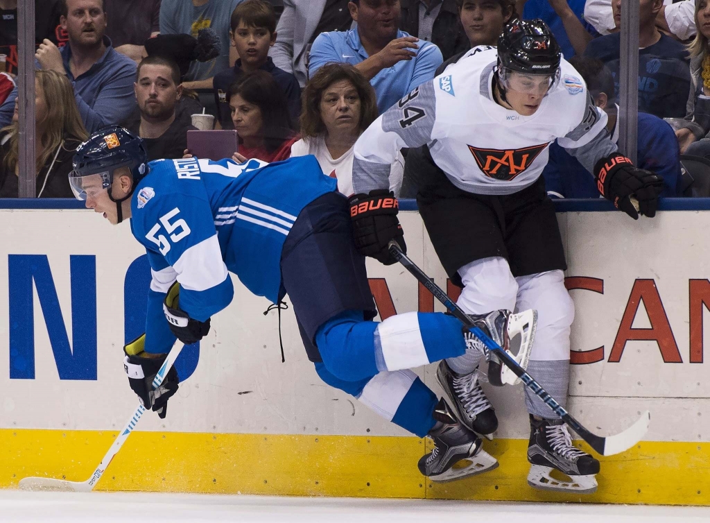 Nathan Denette  The Canadian PressFinland’s Rasmus Ristolainen hits North America’s Auston Matthews during first-period action of their World Cup of Hockey matchup Sunday