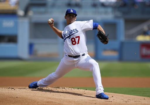 Los Angeles Dodgers starting pitcher Jose De Leon throws to the plate during the first inning of a baseball game against the San Diego Padres Sunday Sept. 4 2016 in Los Angeles