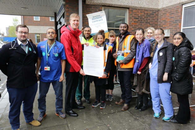 MP Stephen Timms with doctors at Newham University Hospital during the strike in April