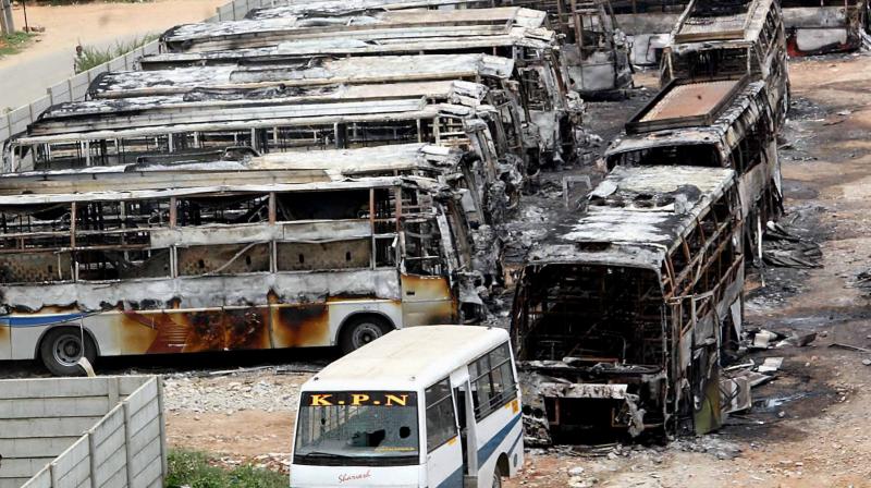 Charred remains of the buses of a private transport operator from Tamil Nadu in Bengaluru on Tuesday a day after they were torched by pro Kannada activists during their violent protests over Cauvery water row