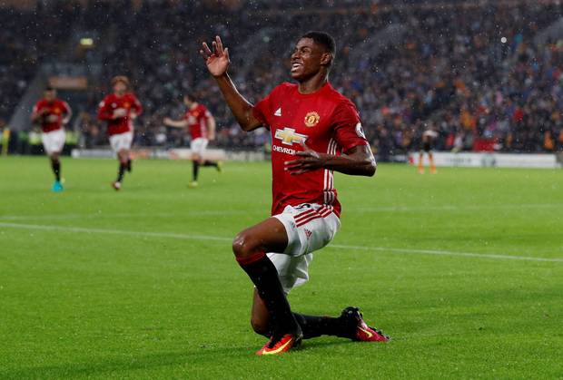 Manchester United substitute Marcus Rashford celebrates his winner against Hull City on Saturday evening