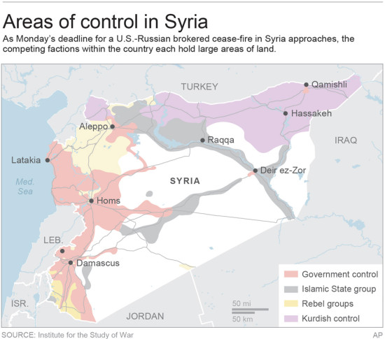 Map shows areas of control in Syria 3c x 4 1/4 inches 146 mm x 107