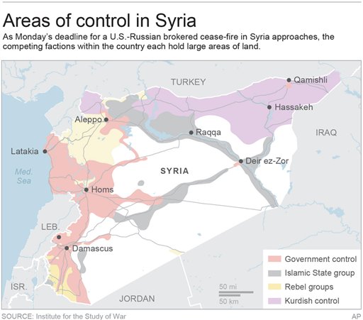 Map shows areas of control in Syria 3c x 4 1/4 inches 146 mm x 107