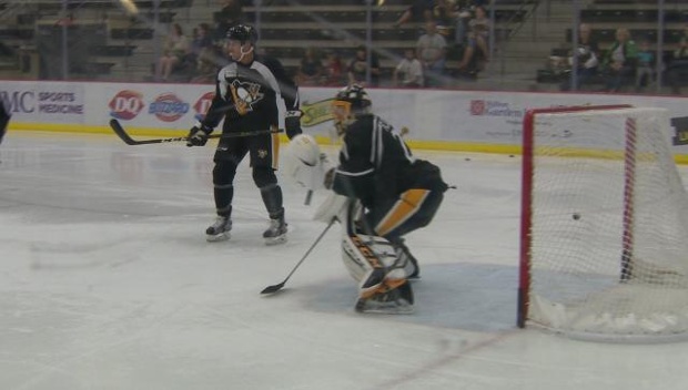 Marc-Andre Fleury in net for the start of Penguins training camp in Cranberry