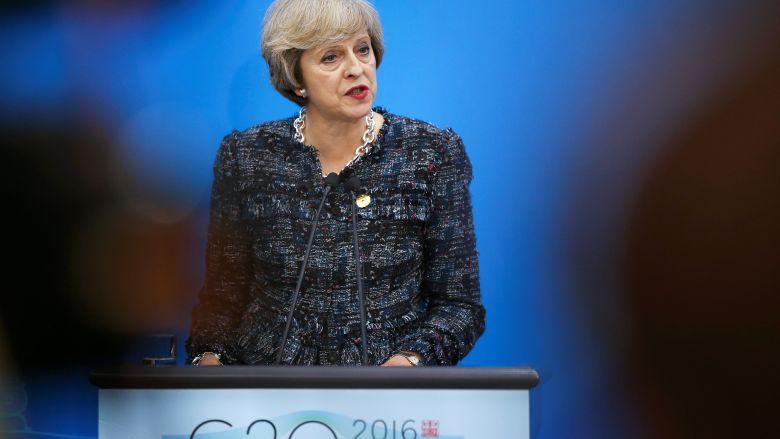 British Prime Minister Theresa May addresses reporters after the closing of G20 Summit in Hangzhou Zhejiang Province China