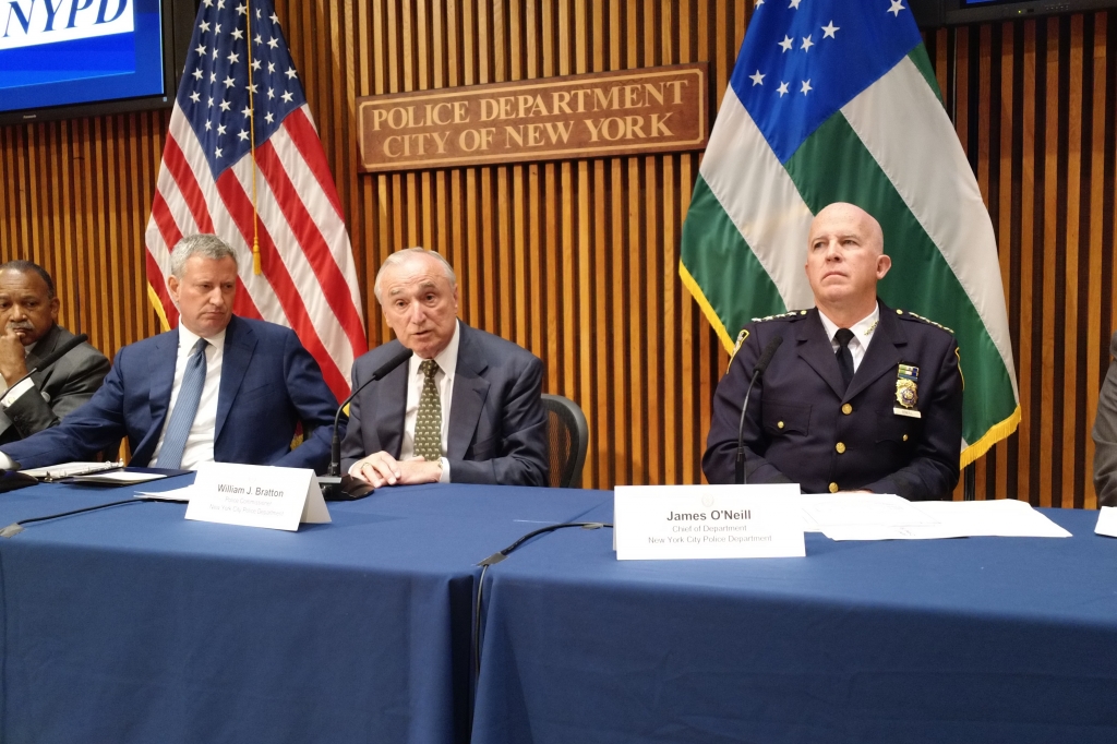 Mayor Bill de Blasio Police Commissioner Bill Bratton and Chief of Department James O'Neill at today's crime stats press conference