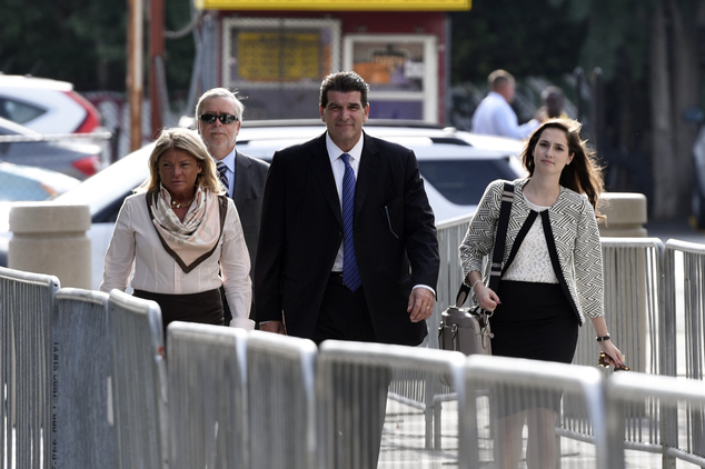 Fort Lee Mayor Mark Sokolich center arrives at the Martin Luther King Jr. Federal Courthouse in Newark N.J. Wednesday Sept. 21 2016. Sokolich testified