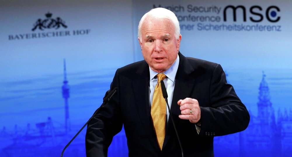 The chair of the Senate Armed Services Committee Senator John Mc Cain addresses during the 51st Munich Security Conference at the'Bayerischer Hof hotel in Munich