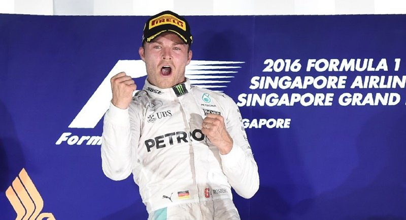 Mercedes driver Nico Rosberg celebrates after winning the Singapore Grand Prix on Sunday