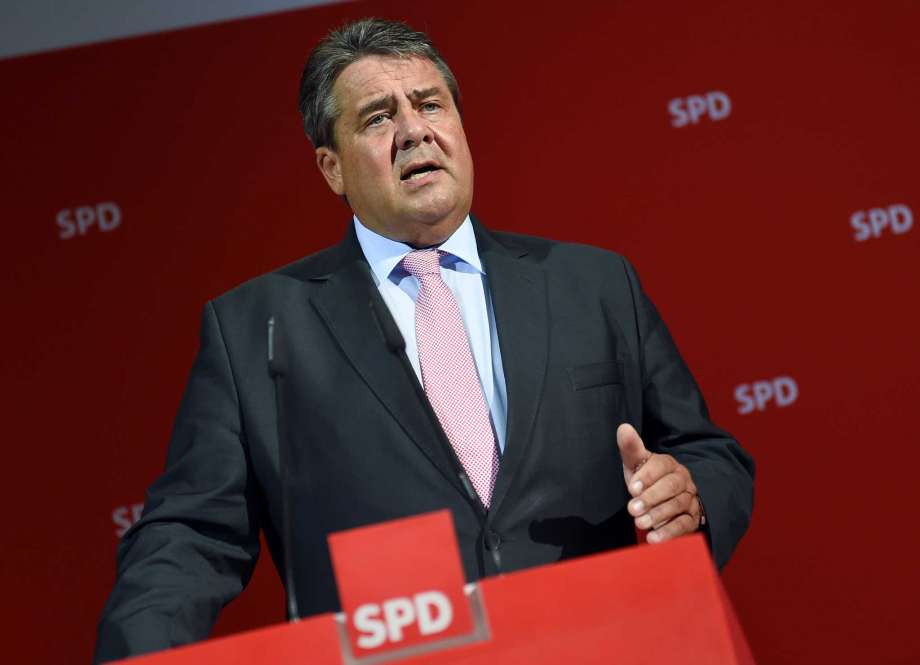 Social Democratic Party, SPD chairman Sigmar Gabriel speaks about the results of the state elections in Mecklenburg Western Pomerania Sunday Sept. 4 2016. The center-left Social Democrats who lead the outgoing state government were expected to be