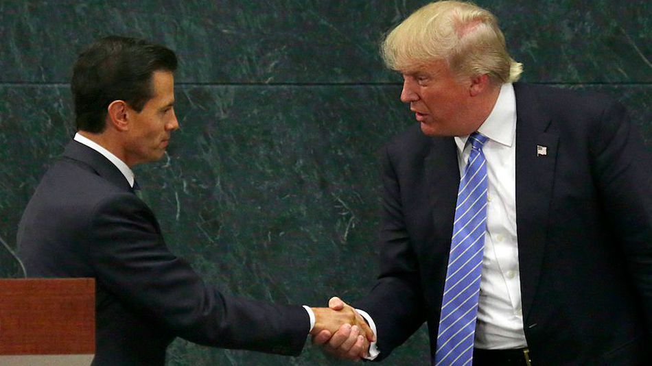 Mexico President Enrique Peña Nieto and Republican presidential nominee Donald Trump shake hands after a joint statement at Los Pinos the presidential official residence in Mexico City Wednesday Aug. 31 2016