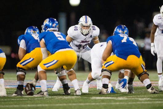 Linebacker Trent Martin of the Tulsa Golden Hurricane lines up during their game against San Jose State on Sept 3. Credit Courtesy of University of Tulsa Athletics