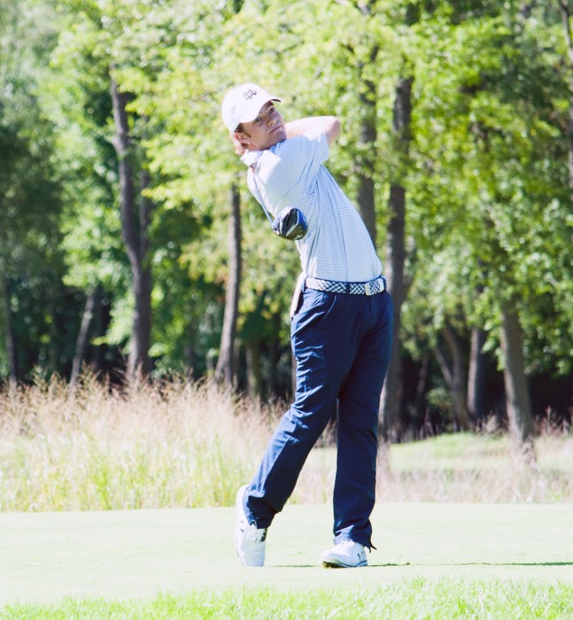 Notre Dame senior Matt Rushton tees off at the Notre Dame Kickoff Challenge on Sept. 3 at Warren Golf Course