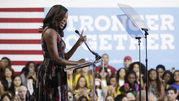 Michelle Obama speaks during a campaign rally at George Mason University in Fairfax